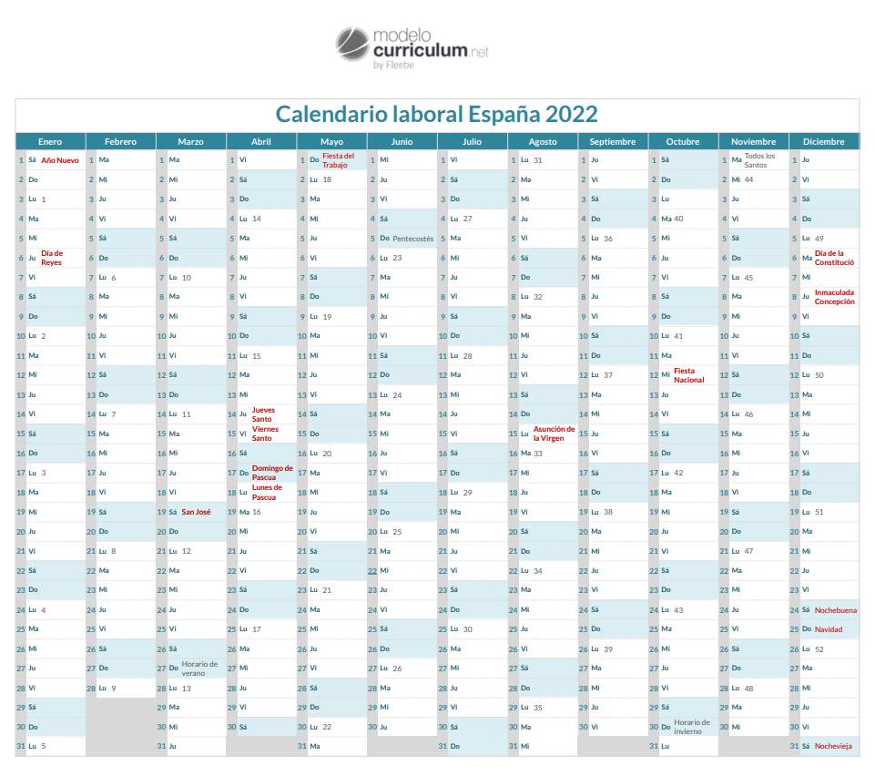 Descargar Calendario Laboral 2022 festivos